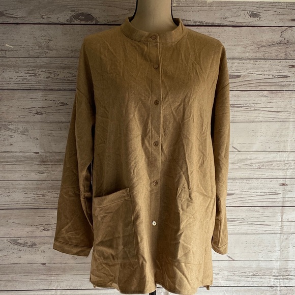 Eileen Fisher Shirt Women Large Tan Wool Chore Long Sleeve Workwear Minimalist - Picture 1 of 10
